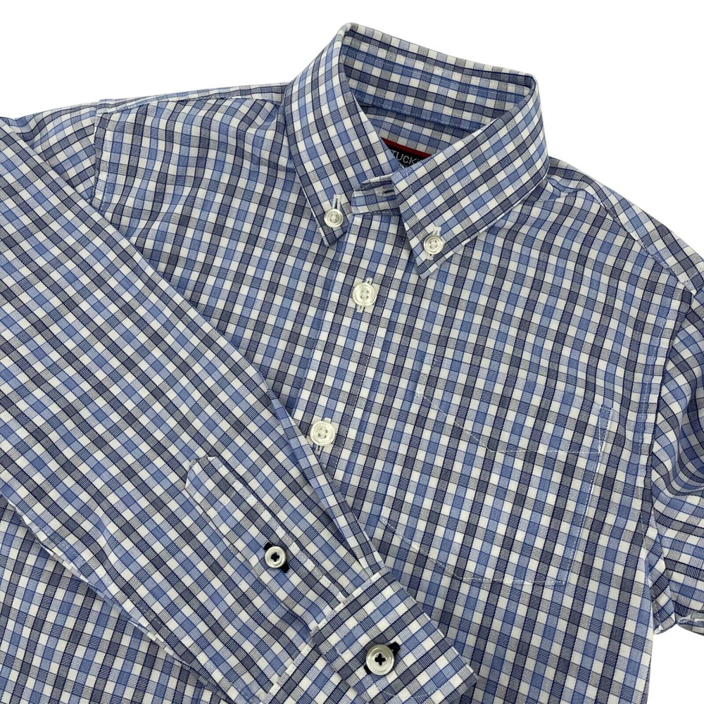 UNTUCKIT Boys Button Down Shirt Checkered Long Sleeve Blue‎ White Size 4-5